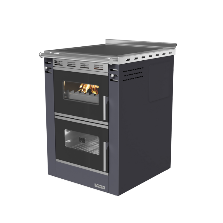 Cuisinière à bois Cook'R 60 de Morvan, puissance de 7,5 kW et rendement de 81,2 %. Disponible en trois finitions (blanc, anthracite, et bordeaux), avec plaque de cuisson en acier poli et four spacieux de 40 L. Compacte (60 cm de largeur), elle est idéale pour les cuisines intégrées et offre un chauffage d’appoint performant avec un charme rustique.