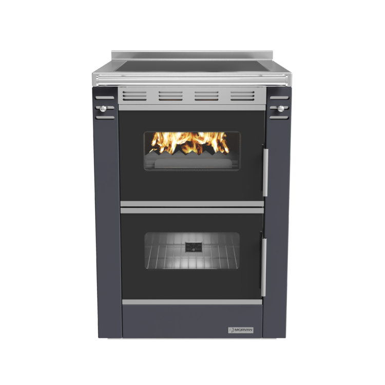 Cuisinière à bois Cook'R 60 de Morvan, puissance de 7,5 kW et rendement de 81,2 %. Disponible en trois finitions (blanc, anthracite, et bordeaux), avec plaque de cuisson en acier poli et four spacieux de 40 L. Compacte (60 cm de largeur), elle est idéale pour les cuisines intégrées et offre un chauffage d’appoint performant avec un charme rustique.