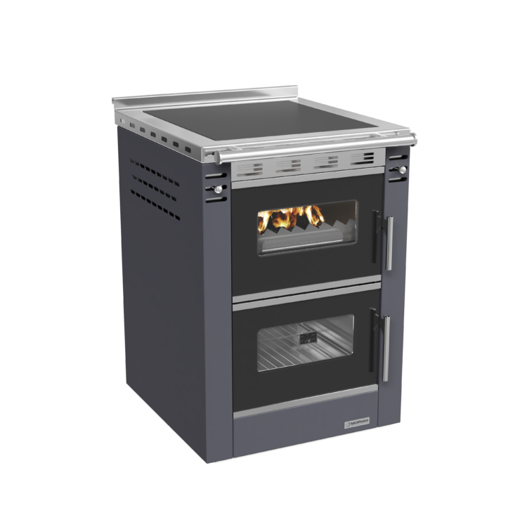 Cuisinière à bois Cook'R 60 de Morvan, puissance de 7,5 kW et rendement de 81,2 %. Disponible en trois finitions (blanc, anthracite, et bordeaux), avec plaque de cuisson en acier poli et four spacieux de 40 L. Compacte (60 cm de largeur), elle est idéale pour les cuisines intégrées et offre un chauffage d’appoint performant avec un charme rustique.