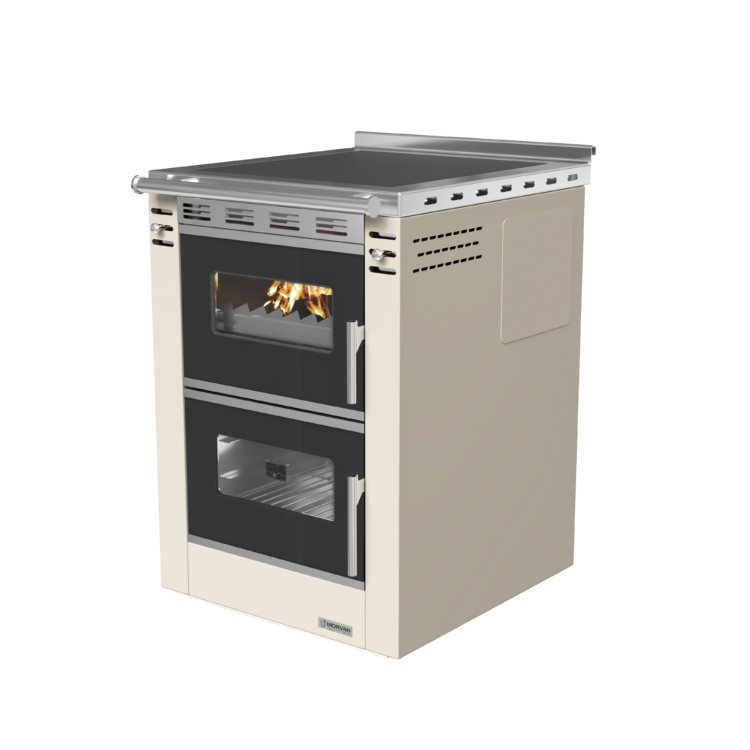 Cuisinière à bois Cook'R 60 de Morvan, puissance de 7,5 kW et rendement de 81,2 %. Disponible en trois finitions (blanc, anthracite, et bordeaux), avec plaque de cuisson en acier poli et four spacieux de 40 L. Compacte (60 cm de largeur), elle est idéale pour les cuisines intégrées et offre un chauffage d’appoint performant avec un charme rustique.