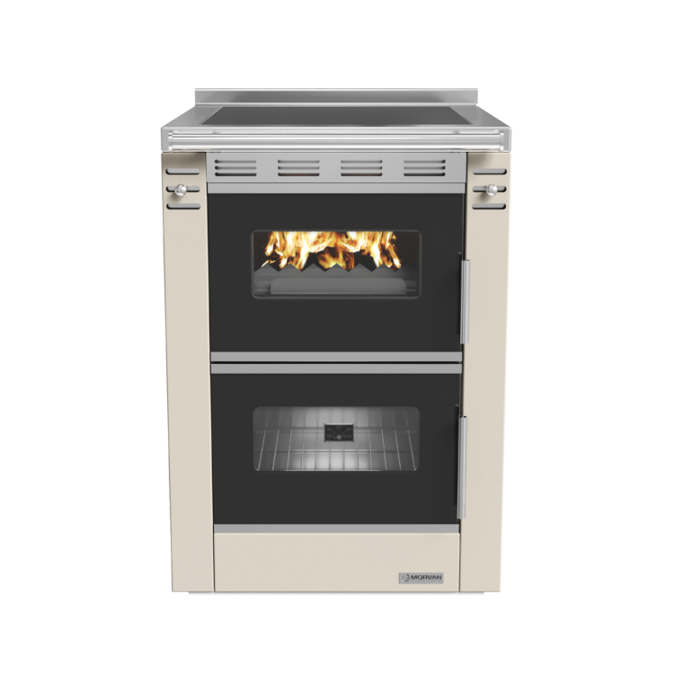 Cuisinière à bois Cook'R 60 de Morvan, puissance de 7,5 kW et rendement de 81,2 %. Disponible en trois finitions (blanc, anthracite, et bordeaux), avec plaque de cuisson en acier poli et four spacieux de 40 L. Compacte (60 cm de largeur), elle est idéale pour les cuisines intégrées et offre un chauffage d’appoint performant avec un charme rustique.