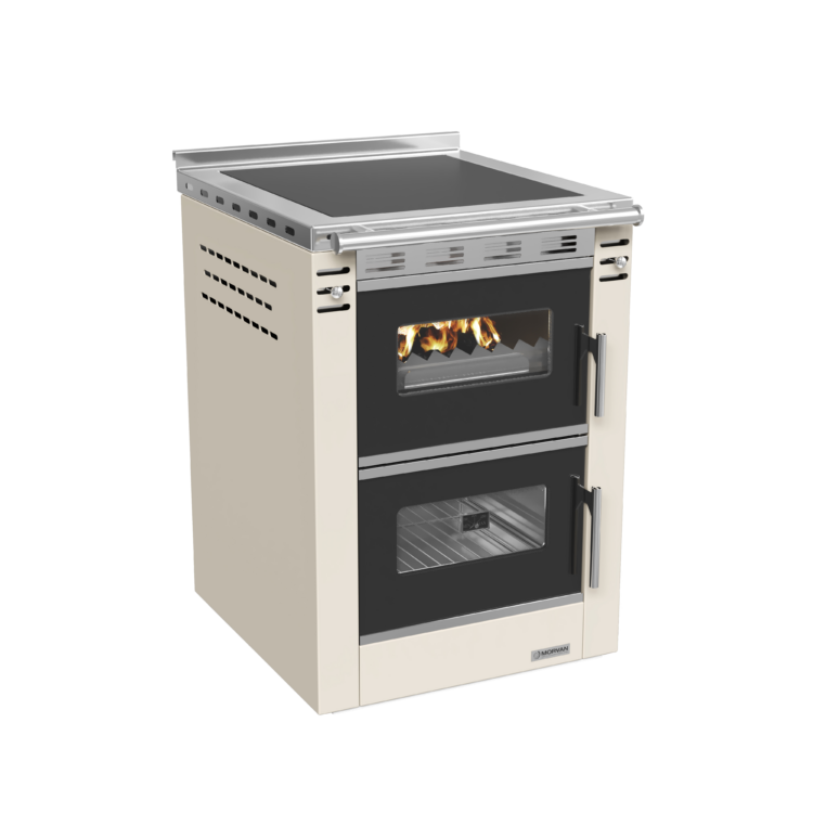 Cuisinière à bois Cook'R 60 de Morvan, puissance de 7,5 kW et rendement de 81,2 %. Disponible en trois finitions (blanc, anthracite, et bordeaux), avec plaque de cuisson en acier poli et four spacieux de 40 L. Compacte (60 cm de largeur), elle est idéale pour les cuisines intégrées et offre un chauffage d’appoint performant avec un charme rustique.