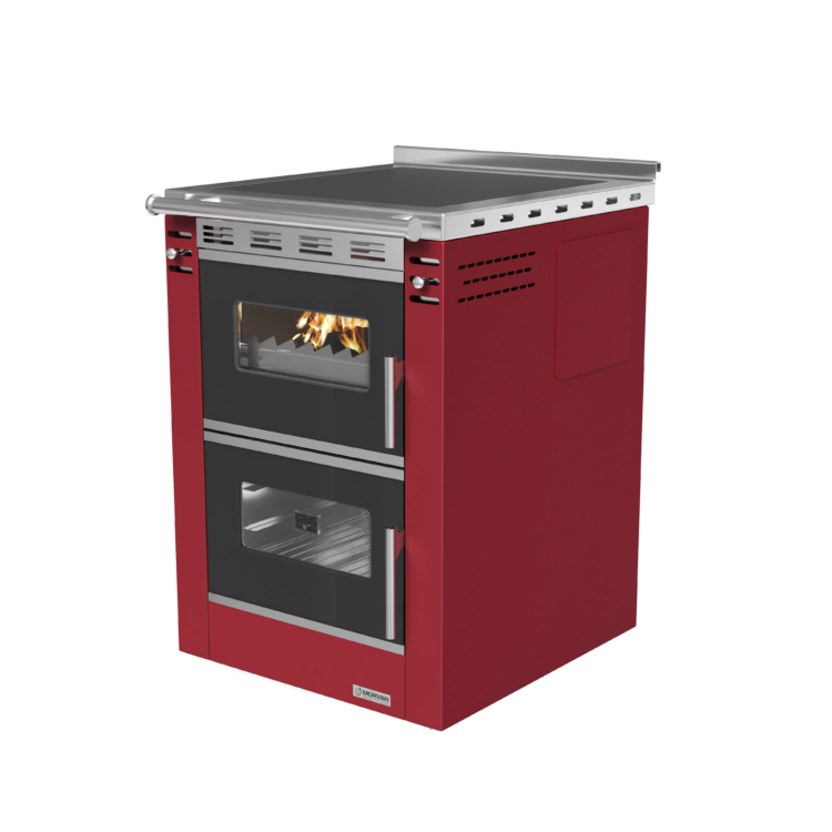 Cuisinière à bois Cook'R 60 de Morvan, puissance de 7,5 kW et rendement de 81,2 %. Disponible en trois finitions (blanc, anthracite, et bordeaux), avec plaque de cuisson en acier poli et four spacieux de 40 L. Compacte (60 cm de largeur), elle est idéale pour les cuisines intégrées et offre un chauffage d’appoint performant avec un charme rustique.