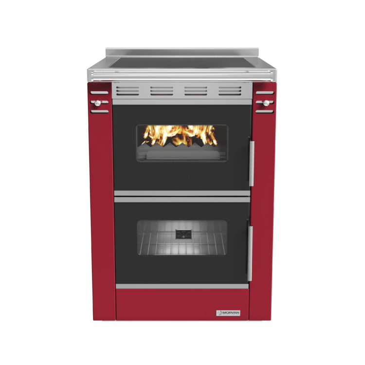 Cuisinière à bois Cook'R 60 de Morvan, puissance de 7,5 kW et rendement de 81,2 %. Disponible en trois finitions (blanc, anthracite, et bordeaux), avec plaque de cuisson en acier poli et four spacieux de 40 L. Compacte (60 cm de largeur), elle est idéale pour les cuisines intégrées et offre un chauffage d’appoint performant avec un charme rustique.