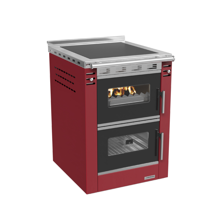 Cuisinière à bois Cook'R 60 de Morvan, puissance de 7,5 kW et rendement de 81,2 %. Disponible en trois finitions (blanc, anthracite, et bordeaux), avec plaque de cuisson en acier poli et four spacieux de 40 L. Compacte (60 cm de largeur), elle est idéale pour les cuisines intégrées et offre un chauffage d’appoint performant avec un charme rustique.