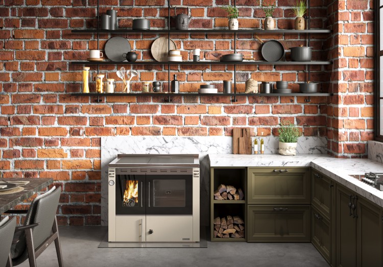 photo ambiance cuisinière à bois Arthéna 20 de Morvan, puissance de 17,2 kW avec un rendement de 82,9 %. Équipée d’une plaque de cuisson en fonte polie et d’un grand four, elle est conçue pour chauffer une maison entière et se raccorder à un circuit de chauffage central. Acceptant des bûches, elle combine un chauffage efficace et une cuisson traditionnelle, disponible en finition anthracite ou ivoire.
