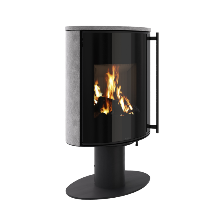 Poêle à bois Hemisph'R de Morvan, avec une puissance de 6,2 kW, design intemporel sur pied tulipe et finition en pierre ollaire pour une meilleure accumulation et diffusion de la chaleur. Pivotant à 360°, il permet une vision complète des flammes dans tous les angles. Conçu pour des bûches de 33 cm, il est idéal pour les petits espaces, offrant un chauffage efficace et esthétique.