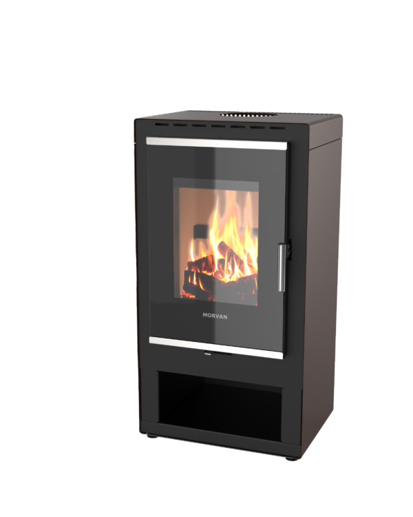 Poêle à bois K'Lin bronze de Morvan, avec une puissance de 8 kW, conçu pour accueillir des bûches de 40 cm. Son design élégant et ses finitions inox brossé en font un élément chic pour tout intérieur. Il est équipé d'une grande porte vitrée pour profiter pleinement de la chaleur et de la lumière du feu.