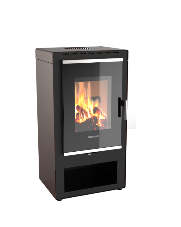 Poêle à bois K'Lin bronze de Morvan, avec une puissance de 8 kW, conçu pour accueillir des bûches de 40 cm. Son design élégant et ses finitions inox brossé en font un élément chic pour tout intérieur. Il est équipé d'une grande porte vitrée pour profiter pleinement de la chaleur et de la lumière du feu.