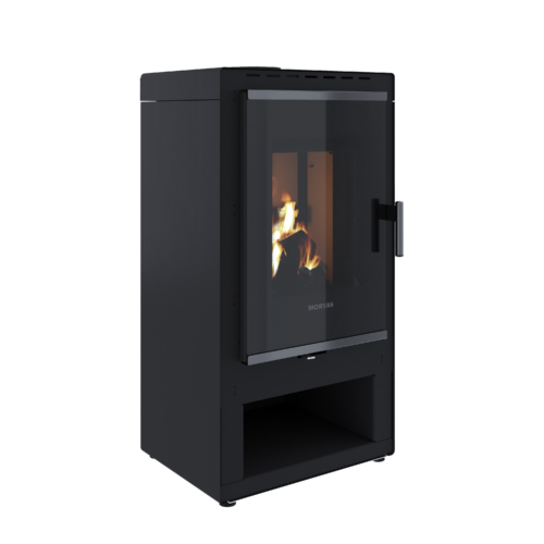 Poêle à bois K'Lin noir de Morvan, avec une puissance de 8 kW, conçu pour accueillir des bûches de 40 cm. Son design élégant et ses finitions inox brossé en font un élément chic pour tout intérieur. Il est équipé d'une grande porte vitrée pour profiter pleinement de la chaleur et de la lumière du feu.
