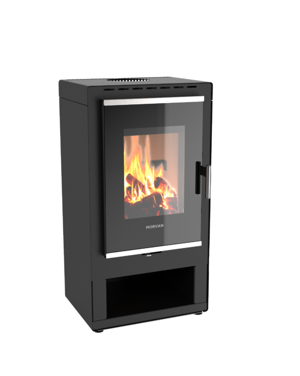 Poêle à bois K'Lin noir de Morvan, avec une puissance de 8 kW, conçu pour accueillir des bûches de 40 cm. Son design élégant et ses finitions inox brossé en font un élément chic pour tout intérieur. Il est équipé d'une grande porte vitrée pour profiter pleinement de la chaleur et de la lumière du feu.