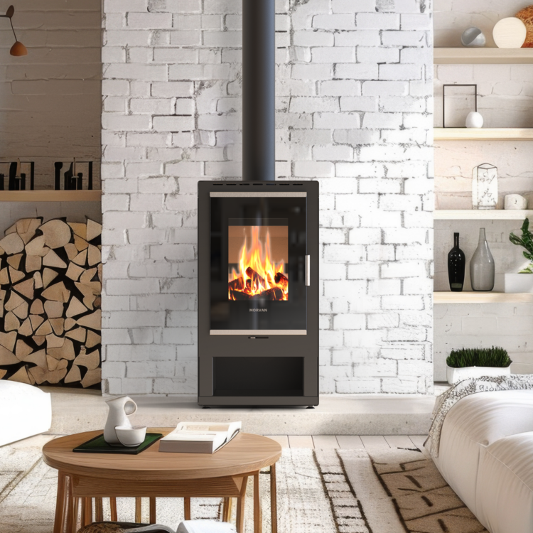 photo ambiance poêle à bois K'Lin de Morvan, avec une puissance de 8 kW, conçu pour accueillir des bûches de 40 cm. Son design élégant et ses finitions inox brossé en font un élément chic pour tout intérieur. Il est équipé d'une grande porte vitrée pour profiter pleinement de la chaleur et de la lumière du feu.