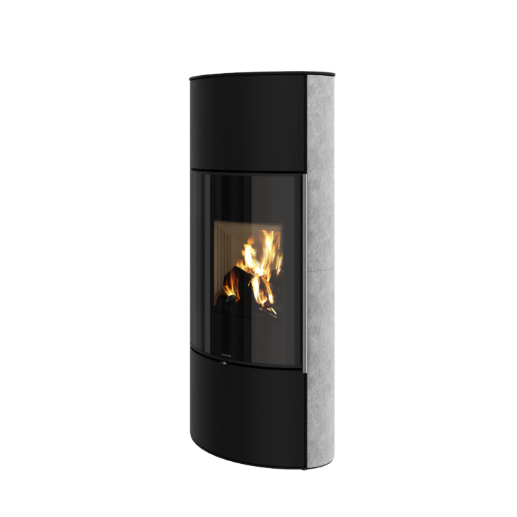 Poêle à bois Hemisph'R L de Morvan, avec une puissance de 6,3 kW, disponible en finition anthracite ou pierre ollaire pour une rétention de chaleur durable. Ce modèle sans rotation propose un vaste espace de rangement pour les bûches et un accumulateur thermique pour prolonger la diffusion de chaleur, idéal pour les maisons à isolation renforcée.