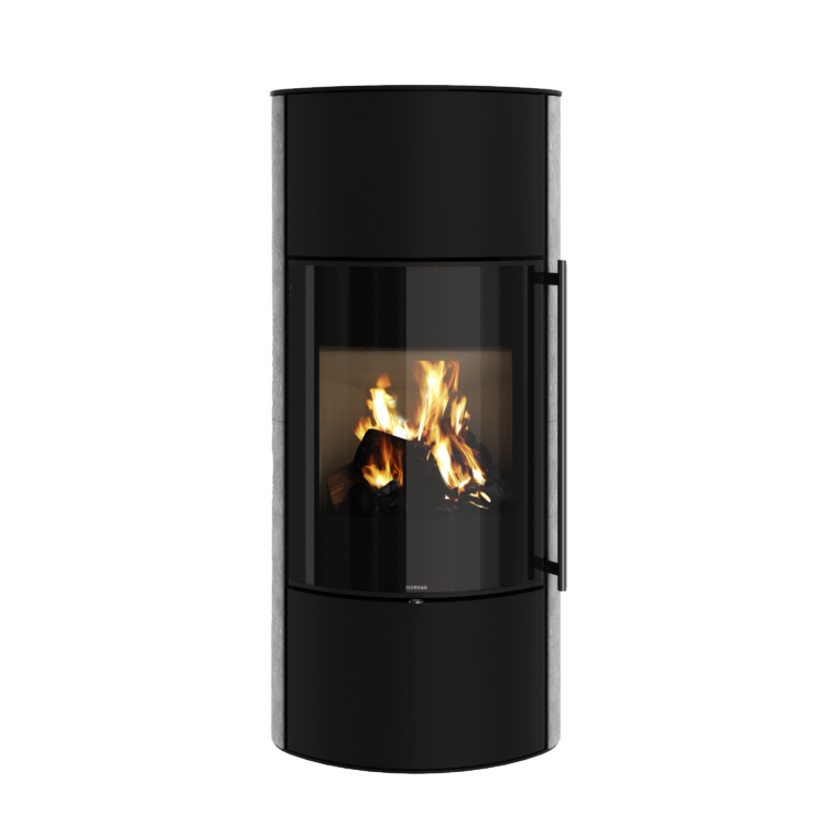 Poêle à bois Hemisph'R L de Morvan, avec une puissance de 6,3 kW, disponible en finition anthracite ou pierre ollaire pour une rétention de chaleur durable. Ce modèle sans rotation propose un vaste espace de rangement pour les bûches et un accumulateur thermique pour prolonger la diffusion de chaleur, idéal pour les maisons à isolation renforcée.