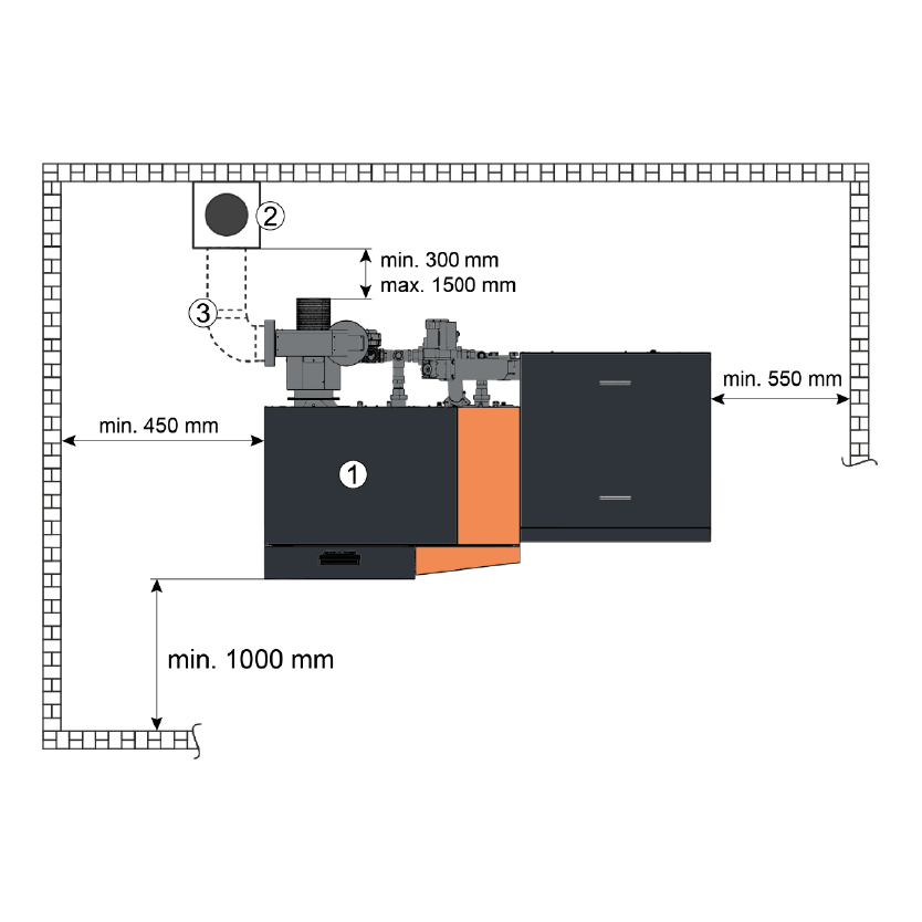Schéma d’implantation de la chaudière Morvan GM EASY+ 69-96 kW, indiquant les distances minimales à respecter pour l’installation, la maintenance et l’évacuation des fumées.