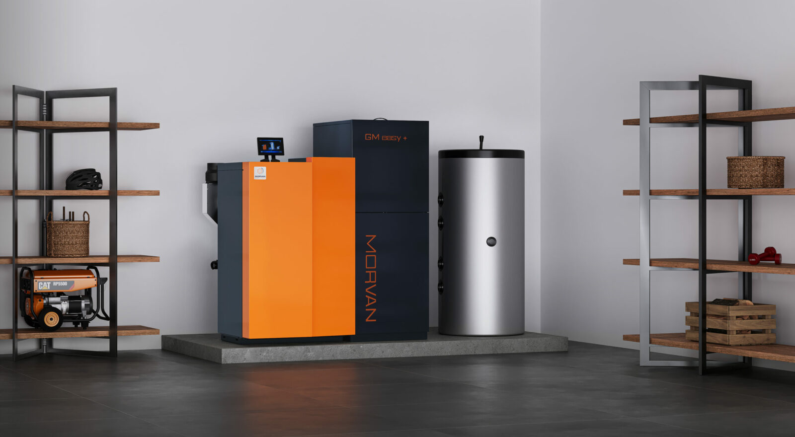 Photo ambiance de la chaudière à granulés Morvan GM EASY+ 12-48 kW, nouveau modèle 2025, compact et performant, conçu pour les installations domestiques ou petits collectifs. Équipée d’un écran tactile, d’un échangeur à nettoyage automatique et d’une alimentation automatique en granulés.