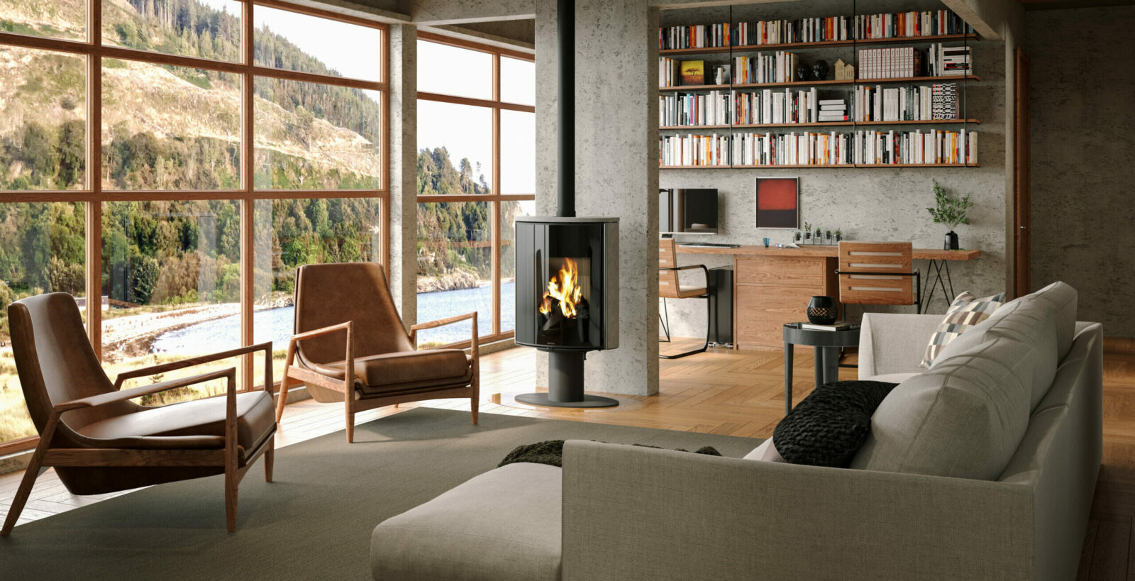 photo ambiance poêle à bois Hemisph'R de Morvan, avec une puissance de 6,2 kW, design intemporel sur pied tulipe et finition en pierre ollaire pour une meilleure accumulation et diffusion de la chaleur. Pivotant à 360°, il permet une vision complète des flammes dans tous les angles. Conçu pour des bûches de 33 cm, il est idéal pour les petits espaces, offrant un chauffage efficace et esthétique.