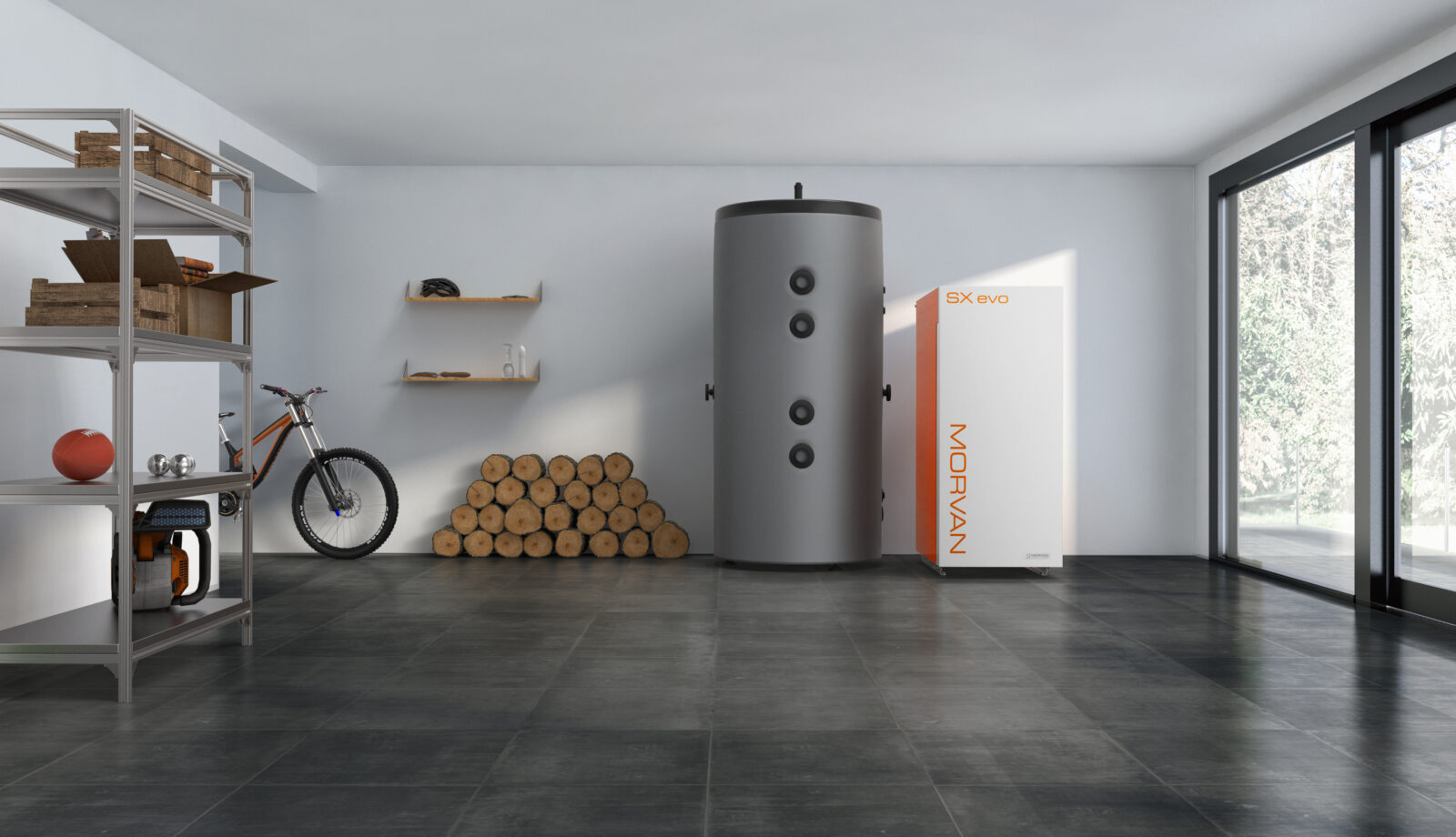 Photo ambiance de la chaudière bois Morvan SX EVO, disponible en puissances de 18, 30 et 40 kW. Conçue pour les installations domestiques ou petits collectifs, elle offre un rendement supérieur à 90 %. Sa double chambre de combustion à effet vortex, réalisée en carbure de silicium (SiC), assure une combustion optimisée et durable. Équipée d'une régulation par sonde lambda, d'un ventilateur d'extraction à vitesse variable et d'un accès facilité aux cendres en façade, la SX EVO garantit performance, confort et facilité d'entretien. Tous les composants sont accessibles par le dessus, simplifiant ainsi la maintenance.​