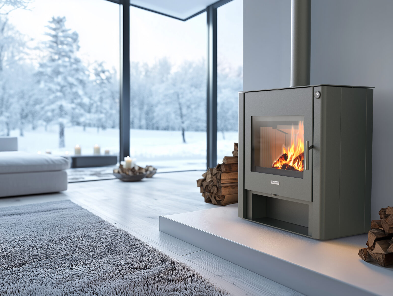 Photo ambiance du poêle à bois Morvan Solido, au design sobre et élégant, avec une puissance de 10,9 kW. Équipé d'une porte à double vitrage haute température, d’un habillage du foyer en pierre réfractaire et d'une grille de combustion en fonte, ce poêle offre une vision du feu optimale grâce à son large écran de 53 x 39 cm. Il est également compatible avec un ballon tampon pour une installation performante et un confort thermique accru.